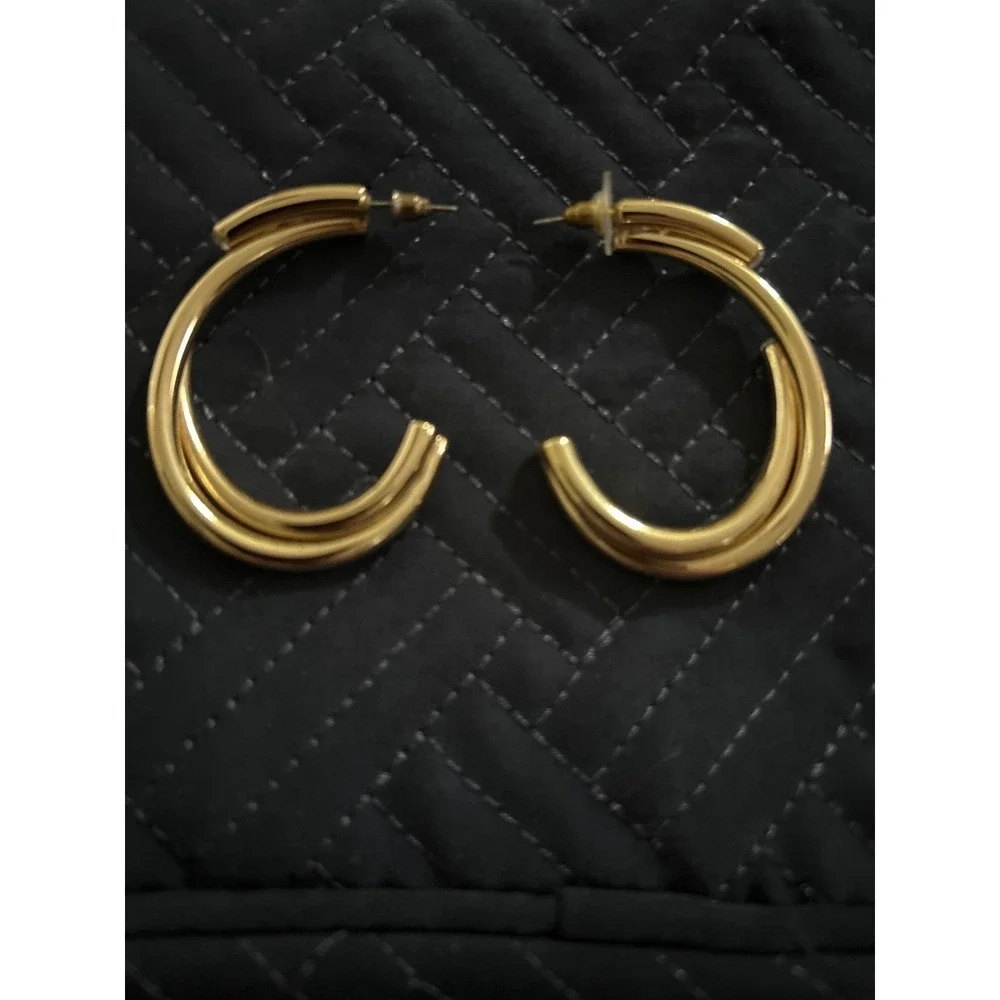 Gold Tone Double Hoop Earrings Statement Fashion‎ Jewelry